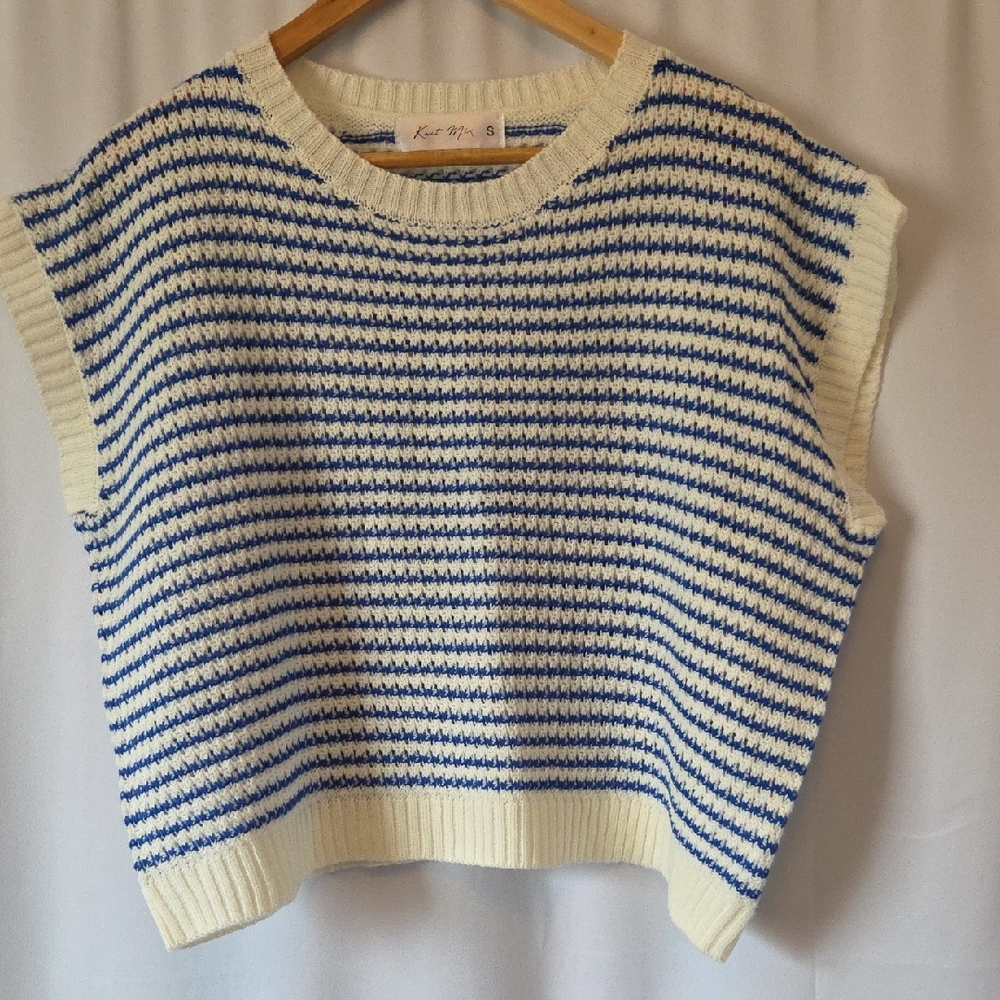 Knit Mix Striped Knit Sleeveless Sweater - Blue & White